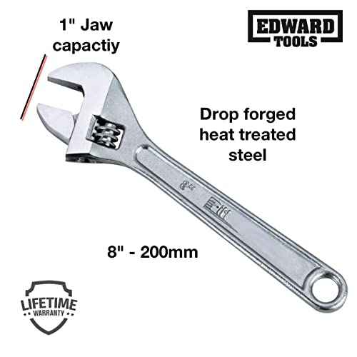 Edward Tools 8-Inch Adjustable Wrench - Heavy Duty Drop Forged Steel - Precision Milled Jaws for Maximum Gripping Power - Rust Resistant Finish - Tempered and Heat Treated Steel - Secure Jaw