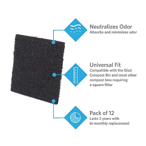 Glad Charcoal Filters for Compost Bins (2.56 in Squares) 12 Pack Replacement Pads - 2 Year Supply, Refill Set