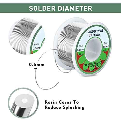 SYOKO 60/40 0.6mm 50g Tin Lead Rosin Core Solder Wire for Electrical Soldering, Soldering Wire, Electrical Solder, 1.8% Solder Flux (0.6mm 50g)