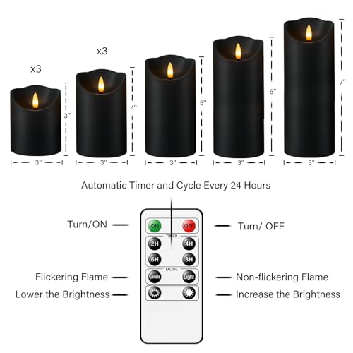 Nimiko Black Flameless Candles with Remote, Flickering LED Set of 9 with Timer