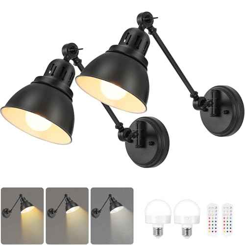 Battery Operated Wall Sconces Set of Two, Black Vintage Wireless Wall Lights Rechargeable Wall Sconce with Remote, 15 Colors Modes, Swing Arm Wall Lamps for Bedroom Living Room