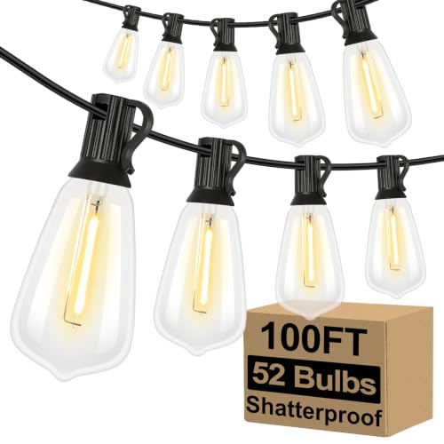 Brightever 100FT Outdoor String Lights with 52 Bulbs, Waterproof Black Wire, Warm White