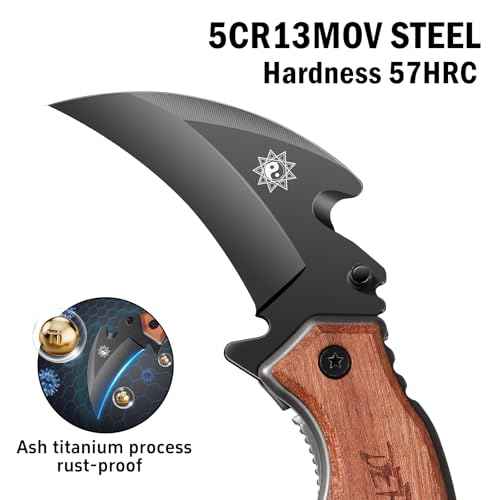 Plys Folding Karambit Knife for Tactical: 2.36 Inch Claw Knives - Portable Stainless Steel Multi-functional EDC Knife with Wood Handle and Clip Small Knives for Men