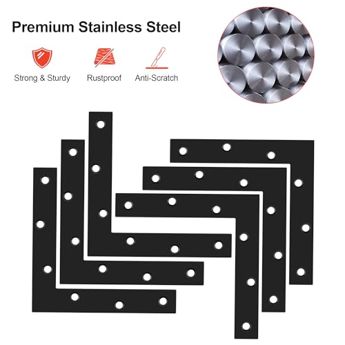 SAYAYO 6-Pack Black Stainless Steel L Brackets 150x150mm Flat Mending Plates for Furniture