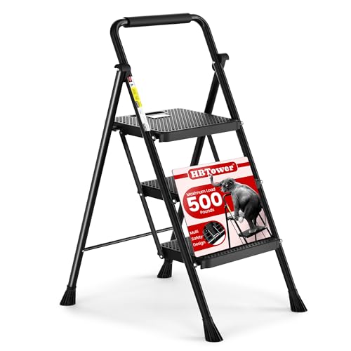 3-Step Folding Step Ladder - Black, Portable Anti-Slip Steel Stool for Home & Garage