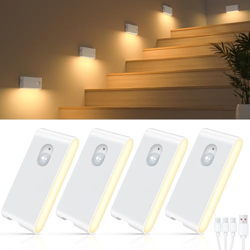 WILLED White Rechargeable Indoor Stair Lights 4-Pack Wireless Motion Sensor Night Lights
