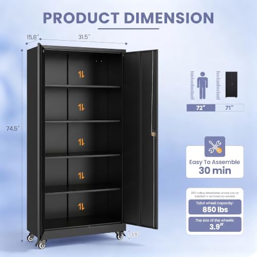 LISSIMO 74.5'' Rolling Garage Storage Cabinet with Locking Doors, 31.5W x 15.7D x 74.5H, 4 Adjustable Shelves