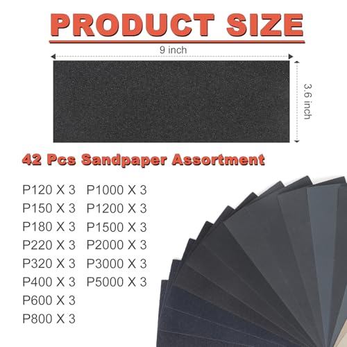 42Pcs Wet Dry Sandpaper Sheets Assorted Grit 9x3.6 Inch - 120-5000 Grit - BMOTL