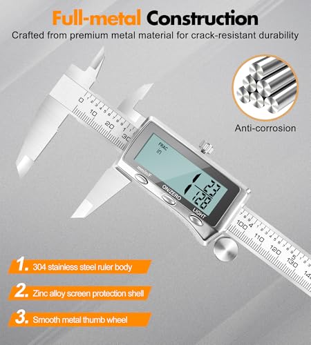 LuxBlue 6" Rechargeable Digital Calipers Measuring Tool with Backlit