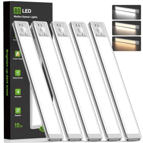 MCGOR 10-Inch Wireless Under Cabinet Light with Motion Sensor - Silver, 5 Pack