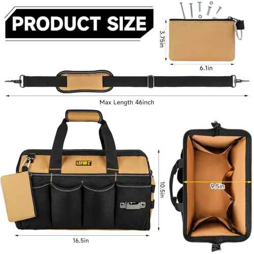 Tool Bag,16-Inch Heavy Duty Tool Bags for Men,27 Pockets Tool Box Organizer Storage,Wide Mouth Toolbag Tools Tote Carrying Case for Dad,Mechanic,Electrician,Black+Brown,Bag Only