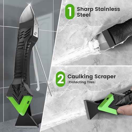 Caulking Tool 5 in 1 Silicone Caulking Grout Removal Sealant Finishing Tool with Grout Scraper, 6 Exchange Silicone Pads, Adhesive Residue Scraper Seam Repair Kit for Kitchen Bathroom