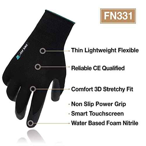 DEX FIT Prime Nitrile Work Gloves FN331, 3D-Comfort Fit, Non-Slip Grip, Durable, Thin, Lightweight & Cool, Touchscreen Compatible, Black (S) 1 Pair