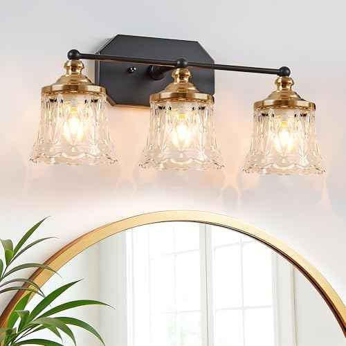 Vintage Bathroom Vanity Light Fixtures, Black and Gold 3-Light Vanity Light, Antique Bathroom Lighting Fixtures Over Mirror with Crystal Glass Shade, Vanity Lights for Bedroom Living Room Hallway