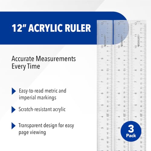 Westcott Clear Acrylic Ruler Set 3 Pack, 12-Inch Measuring Tools for Crafting & Office
