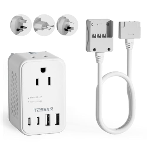 TESSAN International Travel Voltage Converter with 2 Outlets & 4 USB Ports – 220V to 110V Europe Adapter