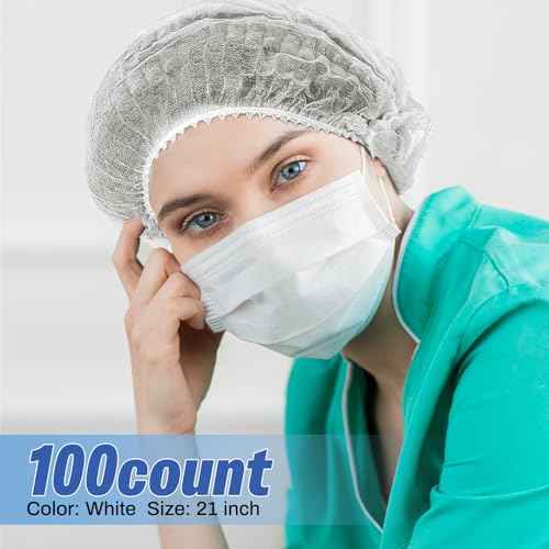 21inches Hair Net Disposable Bouffant Caps 100 Pcs, Elastic Dust Cap for Food Service, Kitchen Head Cover for Women (White)