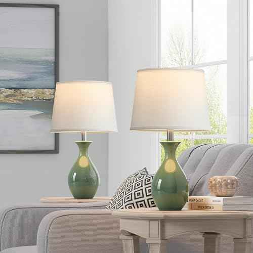 PARTPHONER Table Lamp Set of 2, Modern Ceramic Bedside Lamps for Night Stands, Classic Small Lamp Nightstand Lamp for Bedroom Living Room Desk End Table Rocker Swtich Sage Green
