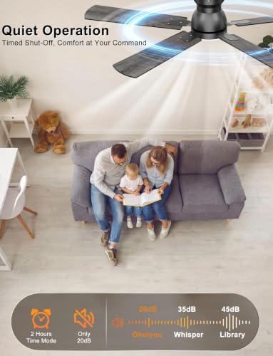 Ohniyou 52'' Black Low Profile Ceiling Fan with Lights, Remote & App Control