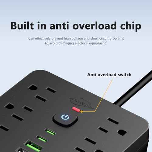 2PCS 5 FT Flat Plug Surge Protector Power Strip,11 Multiple AC Outlets with 6 USB Ports (2 USB C), 5 Feet Extension Cord, 1250W/10A, One Touch Switch Button, 17 in 1 Compact powerstrip