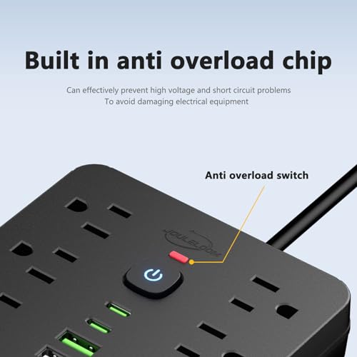JouleLoom 6 FT Black Flat Plug Surge Protector Power Strip with 11 AC Outlets & 6 USB Ports