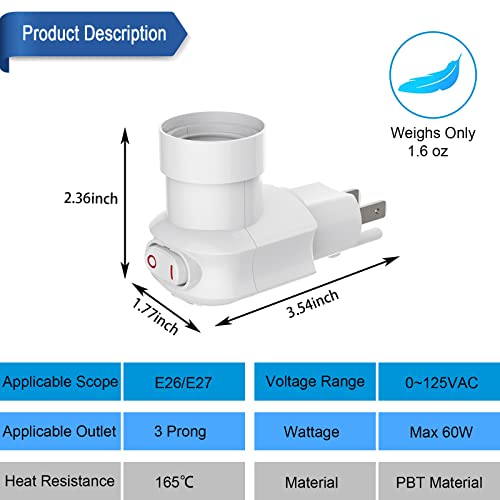 MIKWOAB 2 Pack White Outlet to Socket Adapter with 360° Rotatable E26/E27 Light Socket and On/Off Switch - Light Socket Version