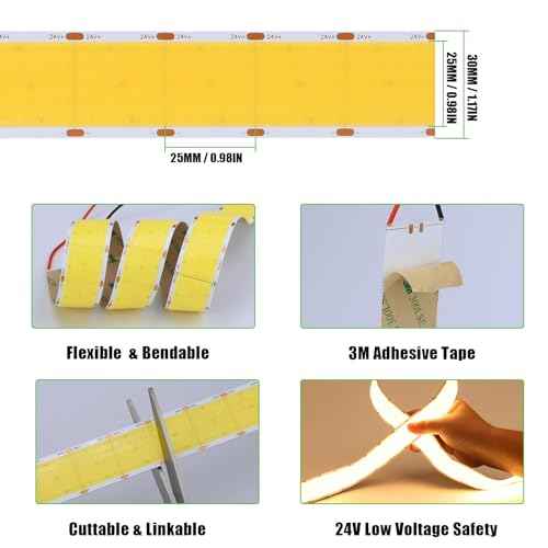 JOYLIT 30MM Wide COB LED Strip Lights 24V Cool White 6000K 16.4FT/5M 8000LEDs 22000LM Ultra Bright, 5 Rows LED Tape Light CRI 90+ 160W Dimmable Indoor Light Strip for Commercial, Home, Industrial
