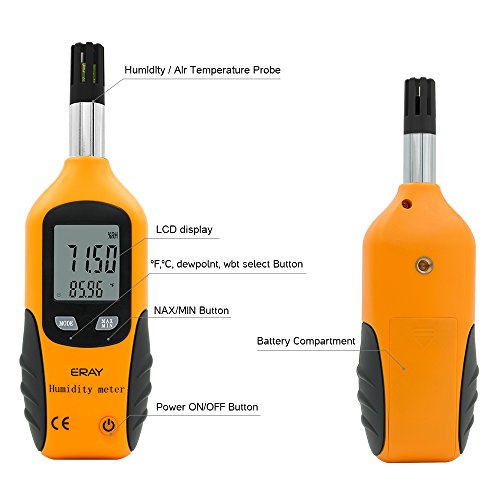 ERAY Digital Psychrometer Thermometer Hygrometer with Backlight – Yellow, 9V Battery Included