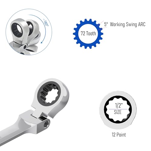 1/2 Inch Anti-slip Stubby Flex-Head Ratcheting Combination Wrench SAE 72 Teeth 12 Point Ratchet Box Ended and Open End Spanner Tools, Flexible Head Gear Wrench, Heat-Treated CR-V
