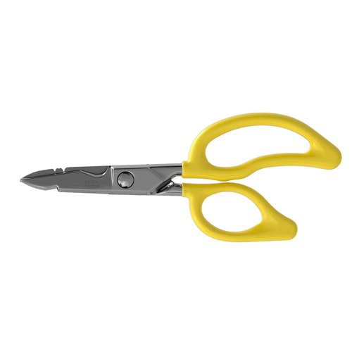Klein Tools 26001 Electrician Scissors, Made in USA, 6.75-Inch All-Purpose Heavy-Duty Snips, Cable Cutting Notch, Serrated Blades, Deburr Notch, Wire Stripper