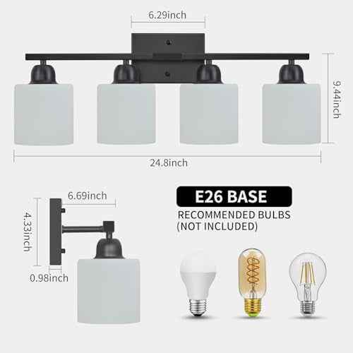4-Light Black Bathroom Vanity Light, Light Fixtures with Milky White Frosted Glass Shades, Black Vanity Light for Bathroom Mirror, Bedroom, Living Room, Vanity Table, E26 Base