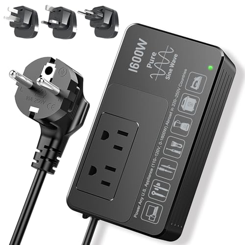 HYTED Black 1600W Travel Voltage Converter 220V to 110V for US Appliances