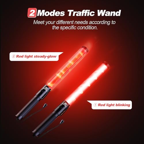 RoadHero 4 Pack Traffic Batons, 16 Inch LED Traffic Control Batons, Safety Light Wands with 2 Flashing Modes, Air Marshaling Signal Wand with Side Clip for Airport, Parking, Car Directing