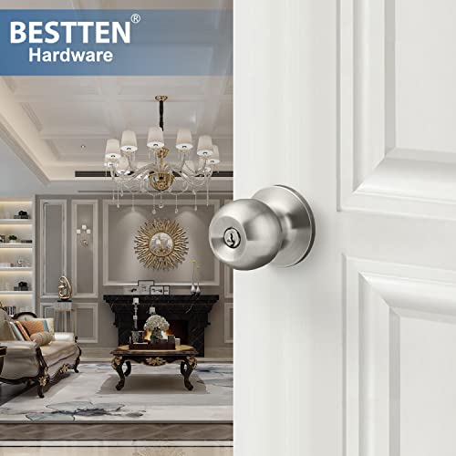 BESTTEN Satin Nickel Keyed Entry Door Knob with Lock - Heavy Duty Interior & Exterior Door Lock, Standard Ball Handle, Easy DIY Installation