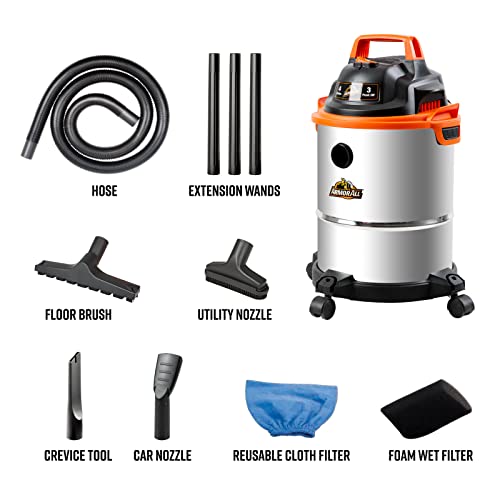 Armor All 4-Gallon Stainless Steel Wet/Dry Vacuum, 3 Peak HP, Portable Orange