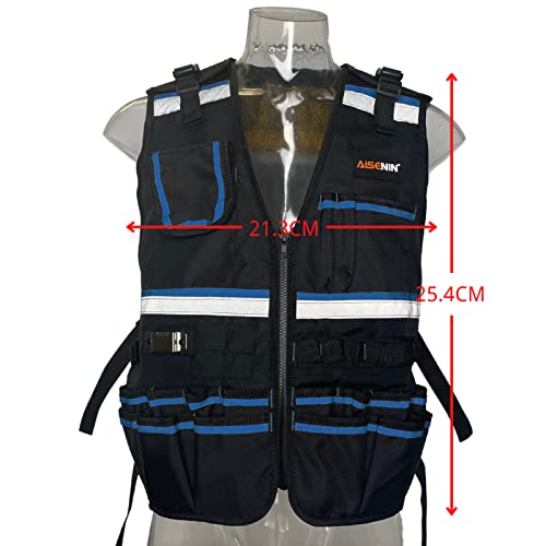 AISENIN Reflective Safety Tool Vest with Multi-pockets and Zipper,Heavy Duty Tool Vest for Electricians Carpenter