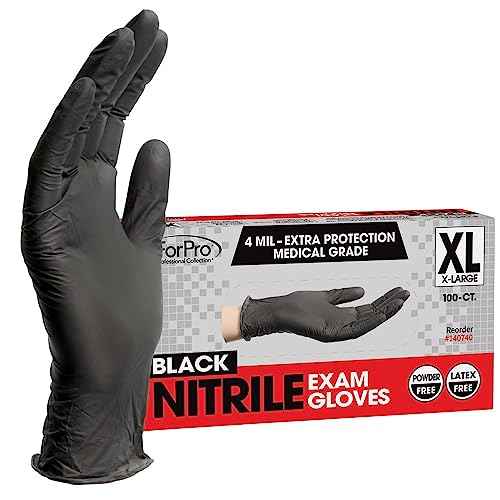ForPro Disposable Nitrile Exam Gloves, Medical Grade, 4 Mil Extra Protection, Powder-Free, Latex-Free, Non-Sterile, Food Safe, Black, X-Large, 100-Count
