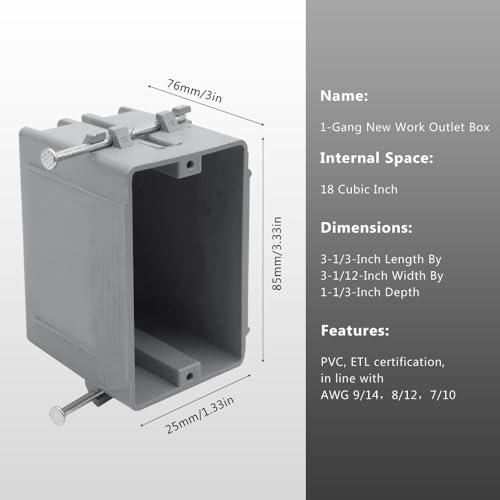 XGGYA 1-Gang Gray PVC Electrical Outlet Box, 18 Cubic Inch, New Work