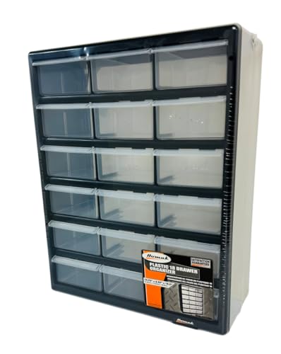 Homak 18-Drawer Parts Organizer (Wall Mountable) - Black with Clear Drawers, HA01018001