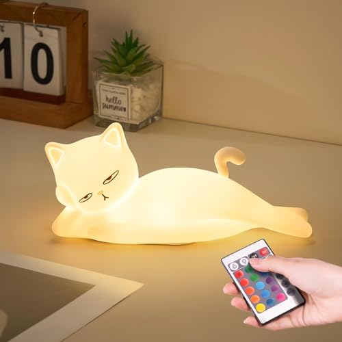 Mubarek Lying Cat Night Light - 16 Colors, 5 Dimming Touch & Remote, Rechargeable Silicone Cat Lamp, Cute Funny Gift for Kids & Adults