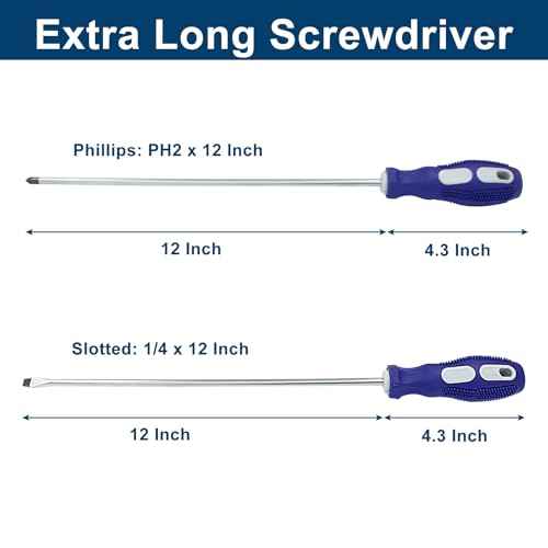 12-Inch Extra Long Slotted & Phillips Screwdriver Set, PH2 Magnetic Tip Flat Blade Cross-head Screwdrivers with Blue Rubber Handle (2-Pack)