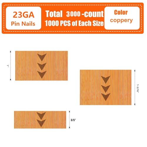 23 Gauge Pinner Nails 3000 Count, 3 Sizes (1-3/16", 1", 5/8") Headless Pin Nails for 23GA Pneumatic or Electric Pin Nailer, Project Pack