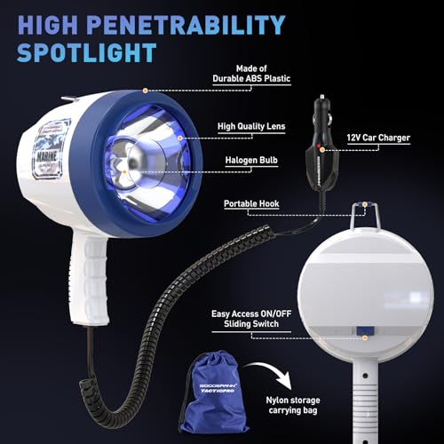 GOODSMANN Spotlight Outdoor Handheld 12v Spot Light 1200 Lumen spotlights with Cigarette Lighter for Boat Marine Glare-Free Bright Plug in Spotlight for Car Corded Floodlight