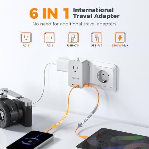 TESSAN Travel Adapter PD 20W - Grey, Universal Power Adapter with 3 USB C & 1 USB A