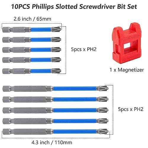 10PCS Magnetic Pozidriv Phillips Slotted Screwdriver Bit Set for Electricians 1/4 Inch Hex Shank PH2 Special S2 Steel Flat Slotted Phillips Cross Head Screw Driver Drill Bits(65+110mm Length)