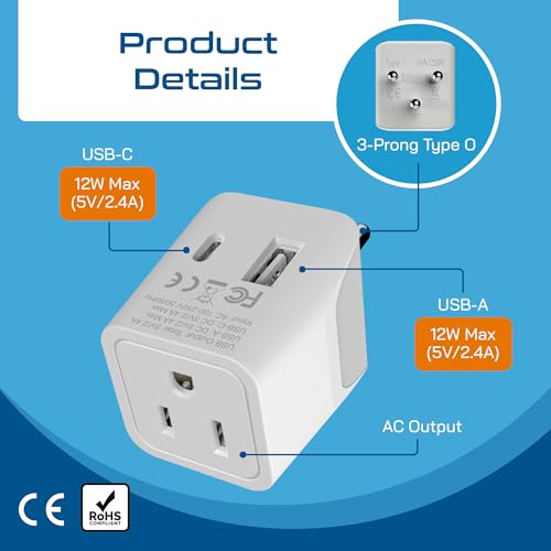 Ceptics Thailand Travel Plug Adapter Gray White with USB-C & USB-A - Compact 3-in-1 Power Converter