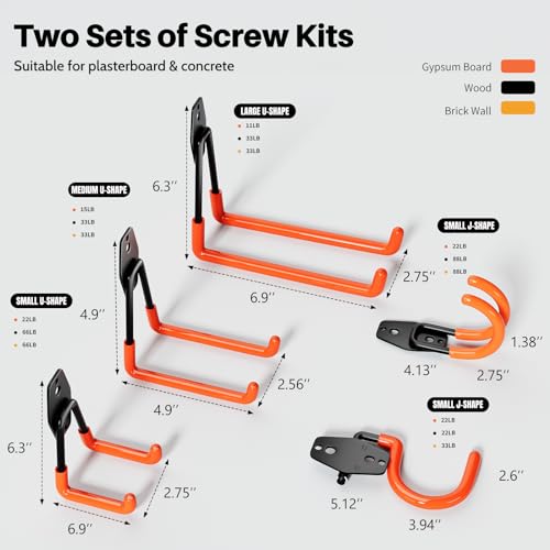 Garage Hooks Heavy Duty 14 Pack Utility Wall Mount Storage Hangers with Mop Broom Holders Extension Cord Holder Organizer for Power Tool Garden Tool Ladder Hose