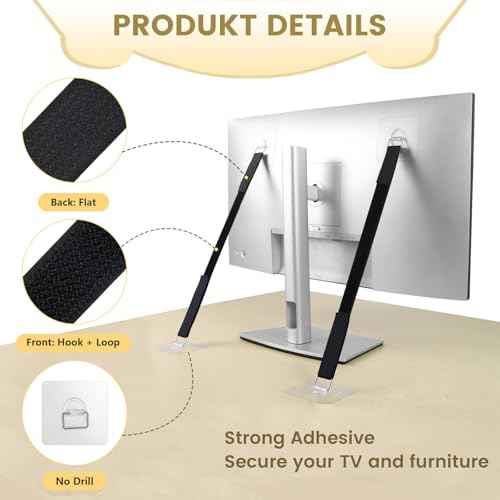 4 Pack Cut to Length TV Safety Straps for Flat Screen, No-Drill TV Anchors for Baby Proofing, Anti-Tip Adjustable Earthquake Straps for Furniture, 16ft Hook and Loop Straps and 8 Adhesive pads