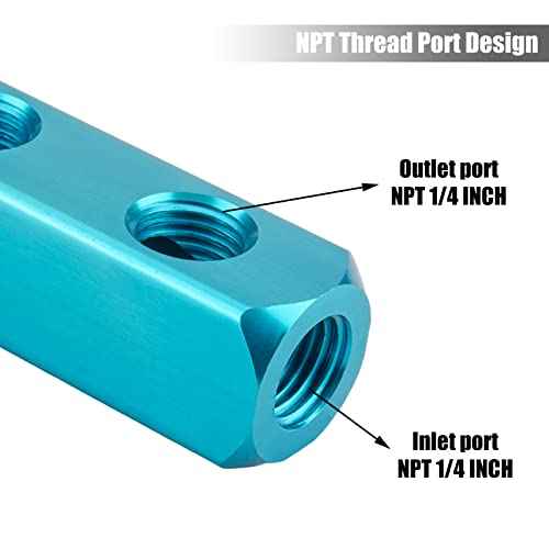 Air Manifold, 2 Way 5 Port Air Compressor Manifold, Aluminum Air Hose Inline Manifold Block Splitter, Pneumatic Manifold Air Distribution Block, NPT 1/4 Inch Supply Port, NPT 1/4 Inch Output Port