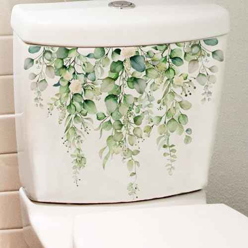 Green Plants Toilet Stickers -DIY Removable Waterproof Toilet Sticker-2 Sheets Leaves Flowers Toilet Lid Decals Self-Adhesive Plants Toilet Bathroom Cistern Decor 13.78x9.8in